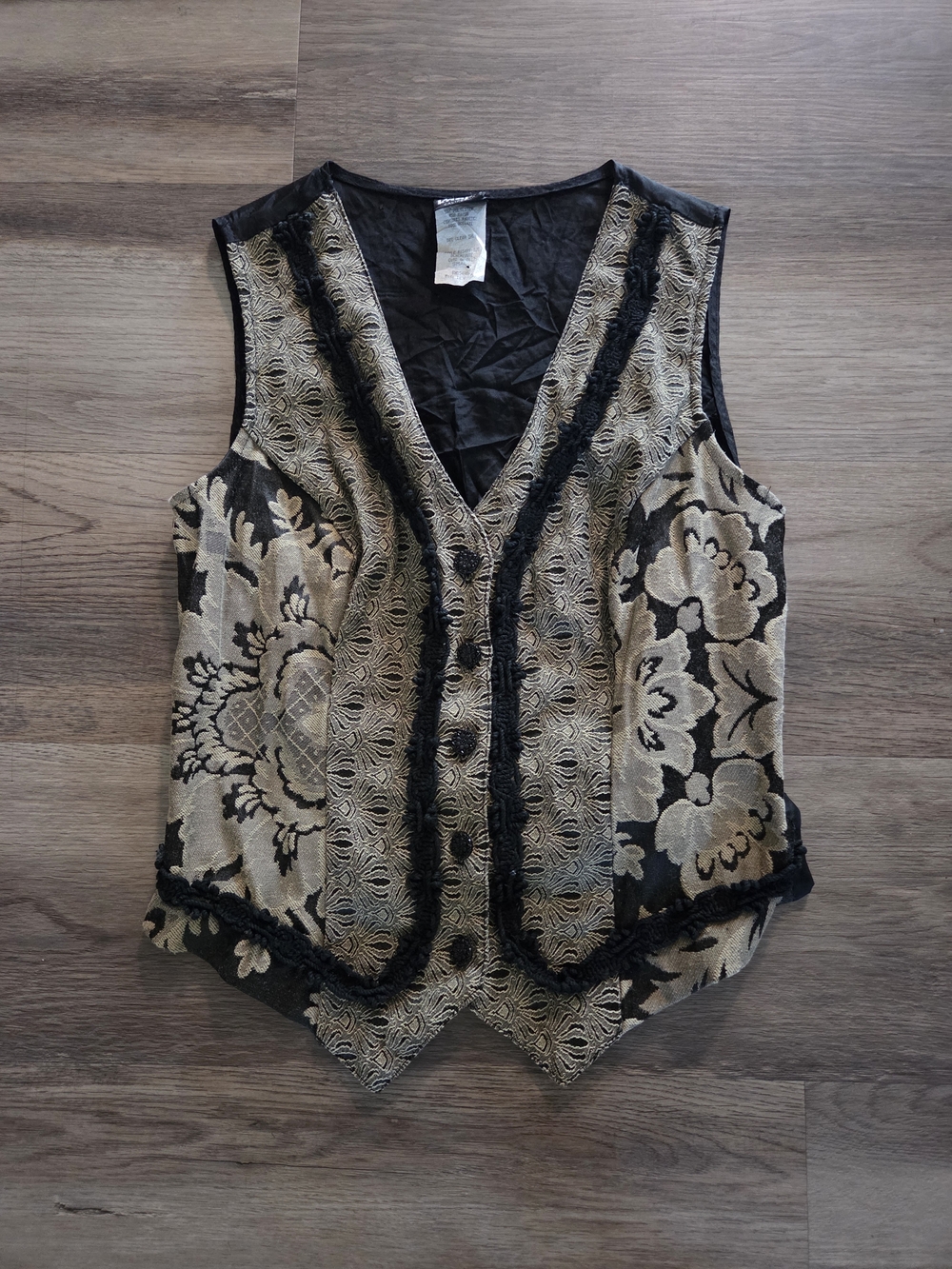 Vintage Judy Knapp Crochet Trim Boho Tapestry Vest Womens Size S Made In USA